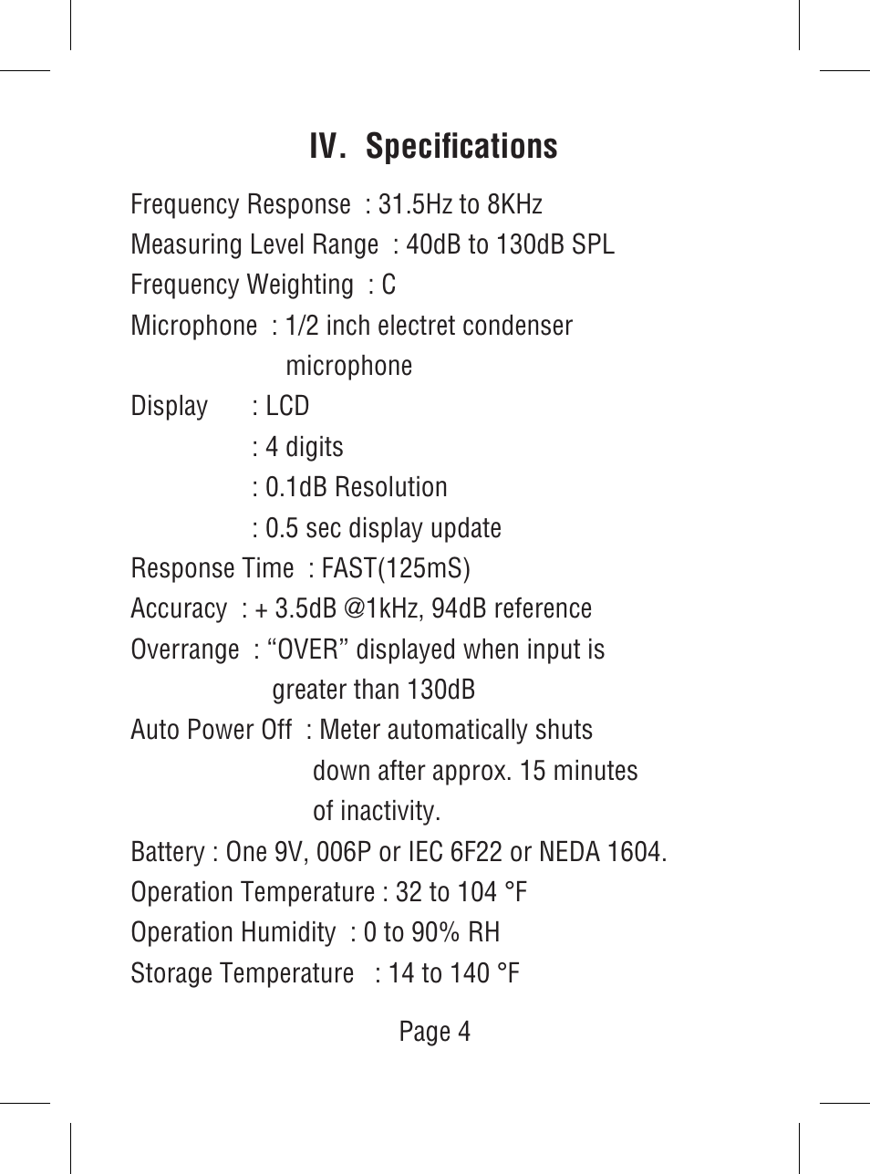 Iv. specifications | Triplett SoniChek – PN: TSC-MC1 User Manual | Page 5 / 15