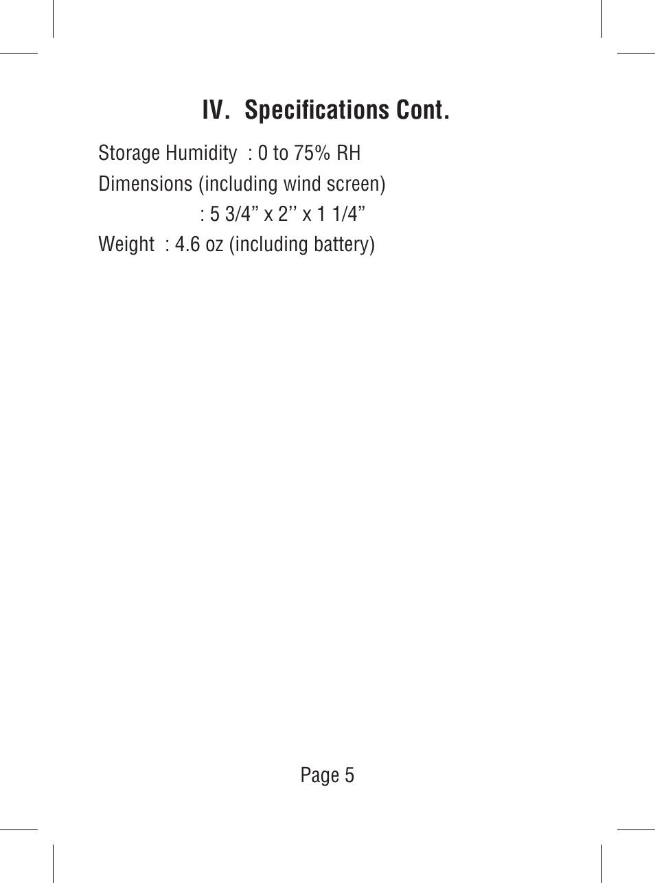 Iv. specifications cont | Triplett SoniChek – PN: TSC-MC1 User Manual | Page 6 / 15