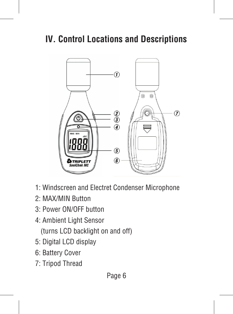 Iv. control locations and descriptions | Triplett SoniChek – PN: TSC-MC1 User Manual | Page 7 / 15