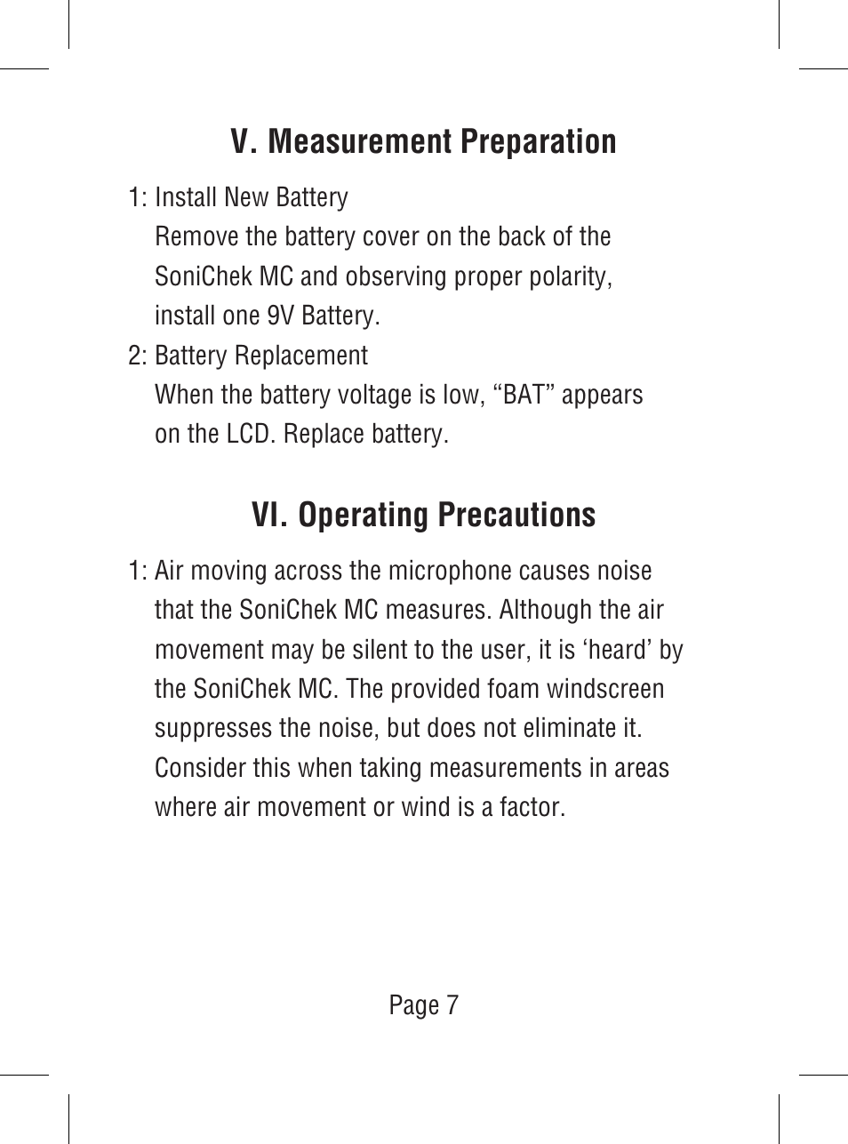 V. measurement preparation, Vi. operating precautions | Triplett SoniChek – PN: TSC-MC1 User Manual | Page 8 / 15