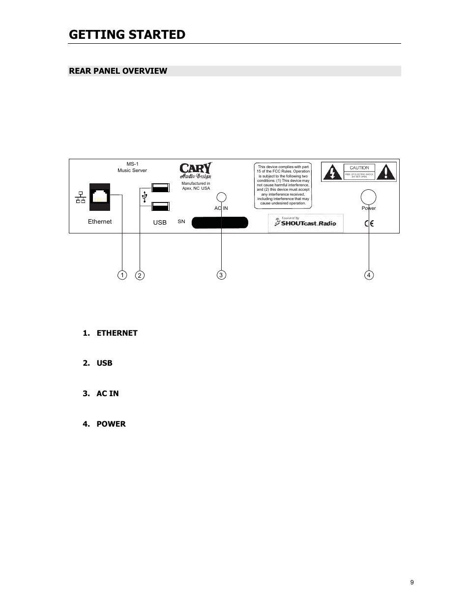 Getting started, Rear panel overview | Cary Audio Design MS-1 User Manual | Page 10 / 63