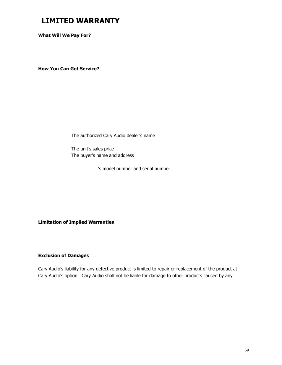 Limited warranty | Cary Audio Design MS-1 User Manual | Page 60 / 63