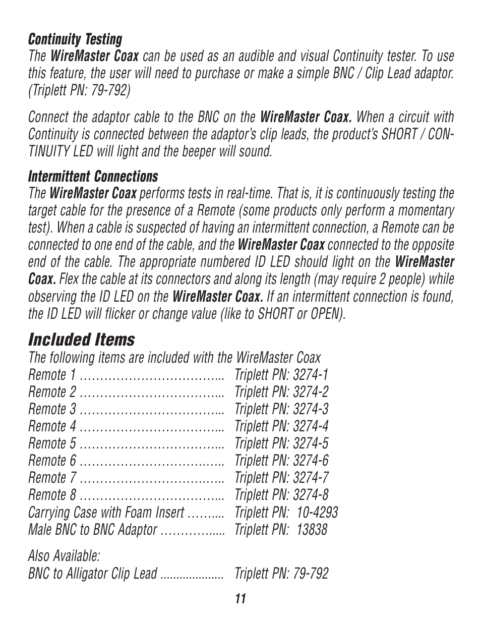 Triplett WireMaster Coax BNC – PN: 3274 User Manual | Page 11 / 14