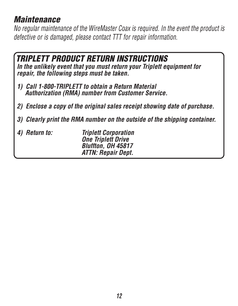 Maintenance, Triplett product return instructions | Triplett WireMaster Coax BNC – PN: 3274 User Manual | Page 12 / 14