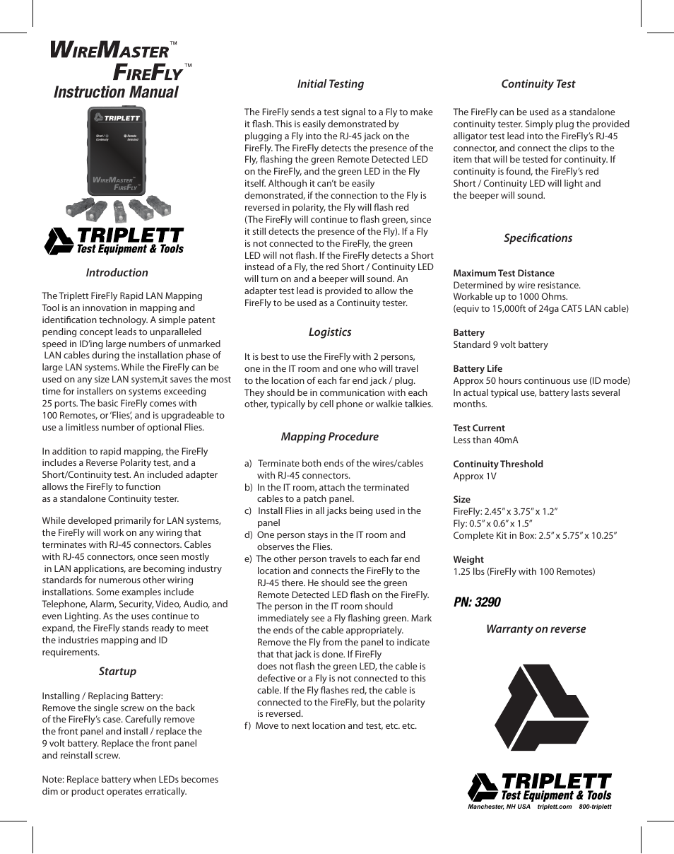 Triplett WireMaster FireFly – PN: 3290 User Manual | 2 pages