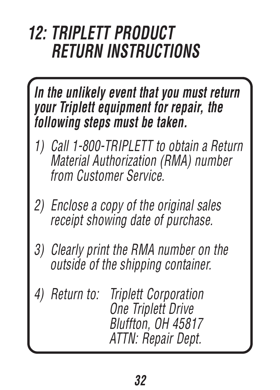 Triplett product return instructions | Triplett Fox & Hound Jr. – PN: 3375 User Manual | Page 32 / 36