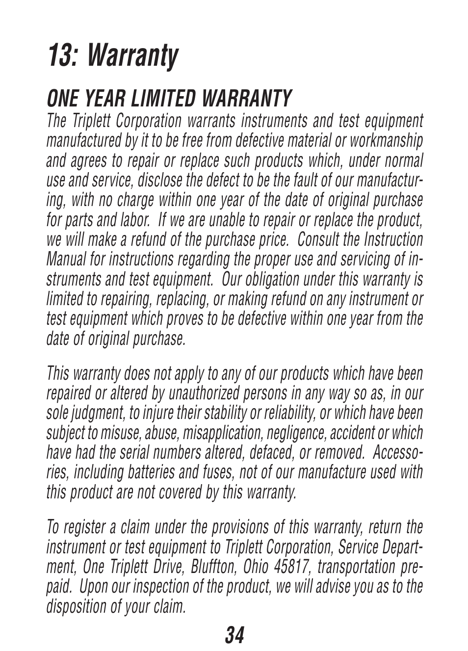 Warranty | Triplett Fox & Hound Jr. – PN: 3375 User Manual | Page 34 / 36