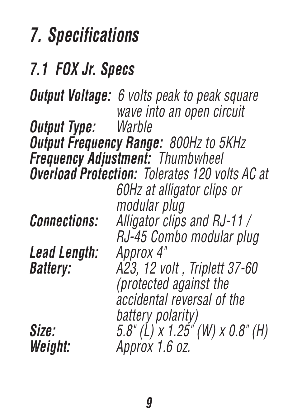 Specifications | Triplett Fox & Hound Jr. – PN: 3375 User Manual | Page 9 / 36