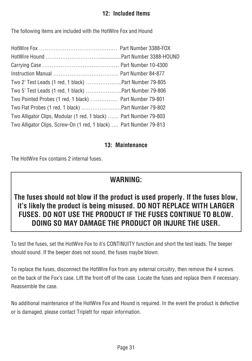 Triplett Fox & Hound HotWire – PN: 3388 User Manual | Page 32 / 35