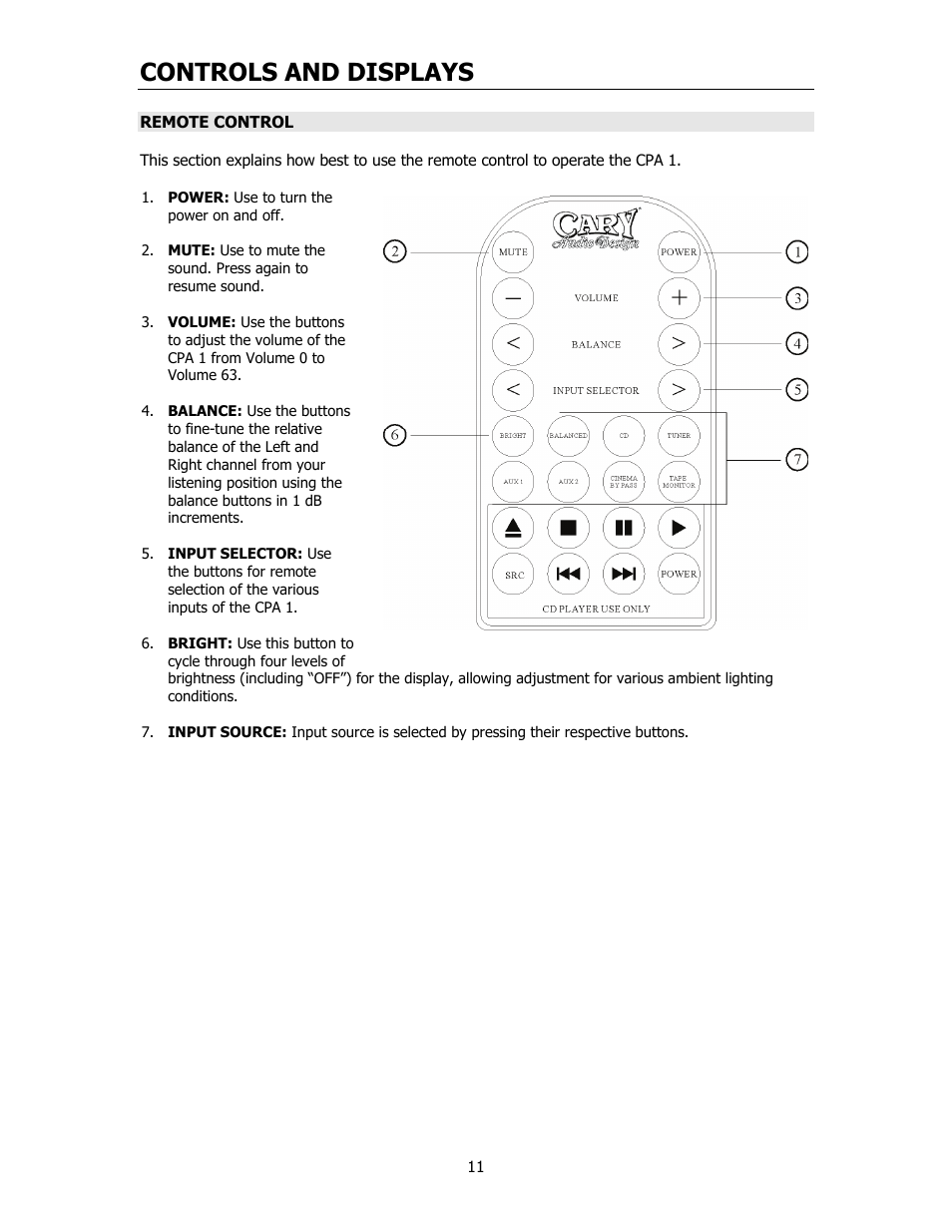 Controls and displays | Cary Audio Design CPA 1 User Manual | Page 12 / 15