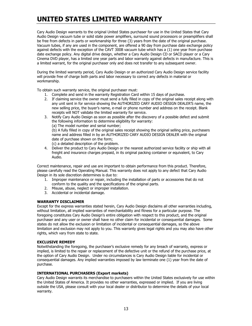 United states limited warranty | Cary Audio Design CPA 1 User Manual | Page 14 / 15