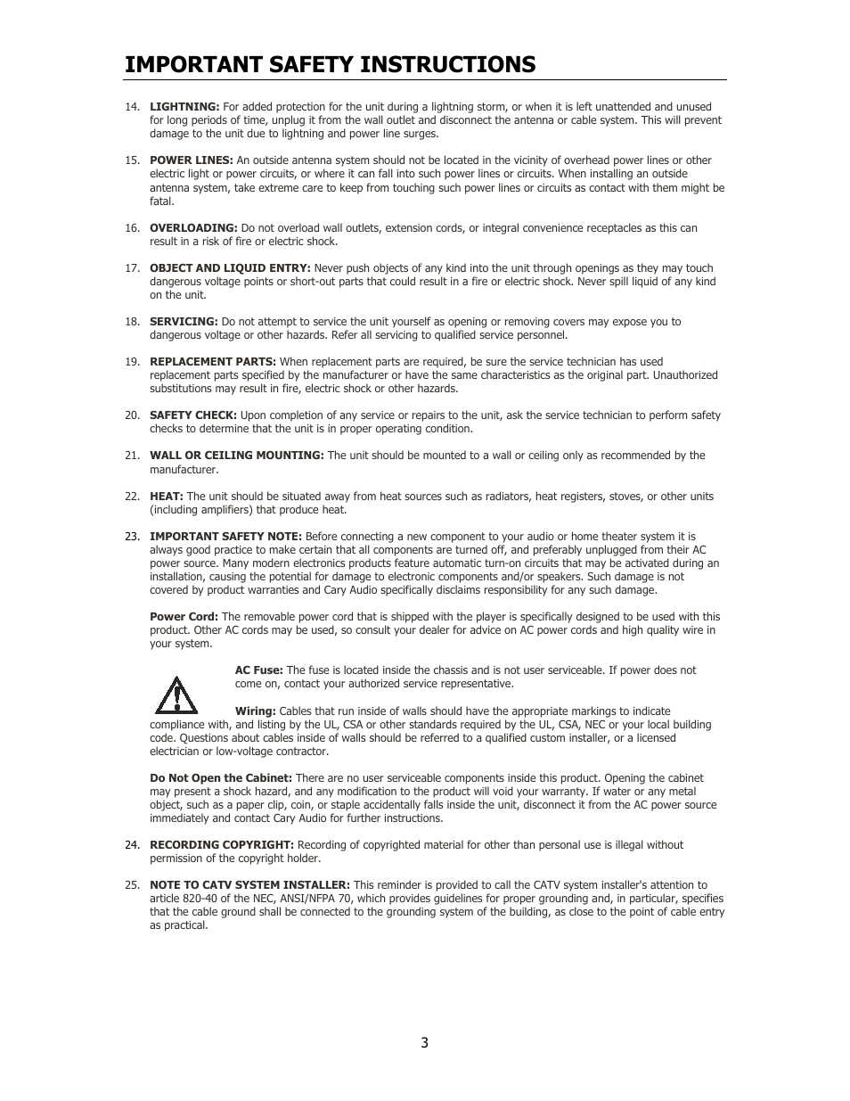 Important safety instructions | Cary Audio Design CPA 1 User Manual | Page 4 / 15