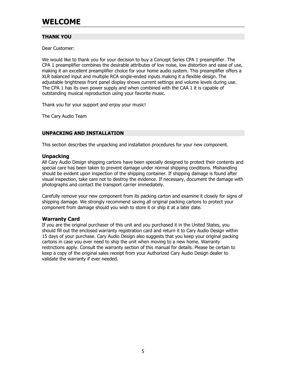 Welcome | Cary Audio Design CPA 1 User Manual | Page 6 / 15