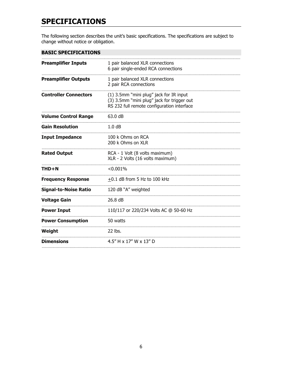 Specifications | Cary Audio Design CPA 1 User Manual | Page 7 / 15