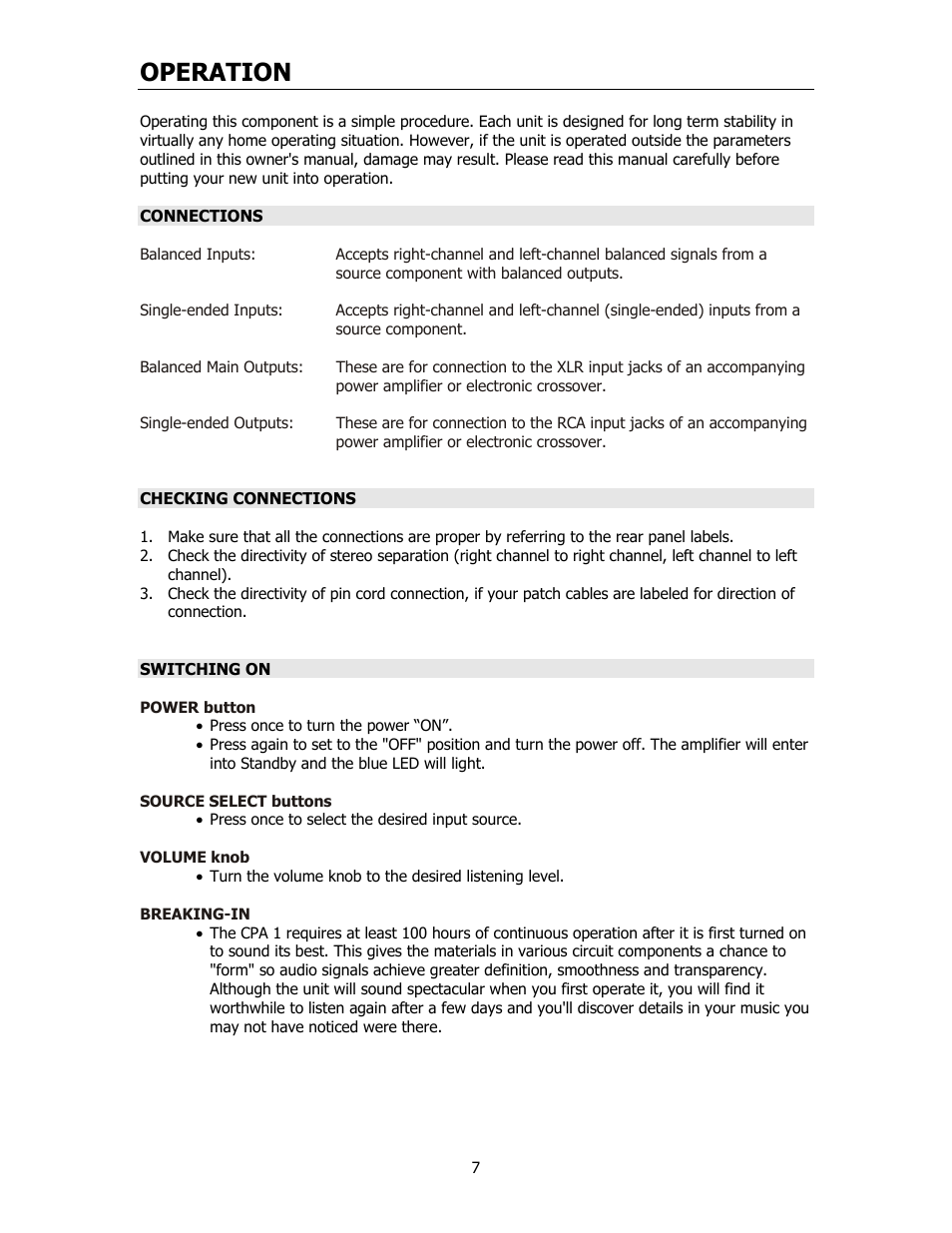 Operation | Cary Audio Design CPA 1 User Manual | Page 8 / 15