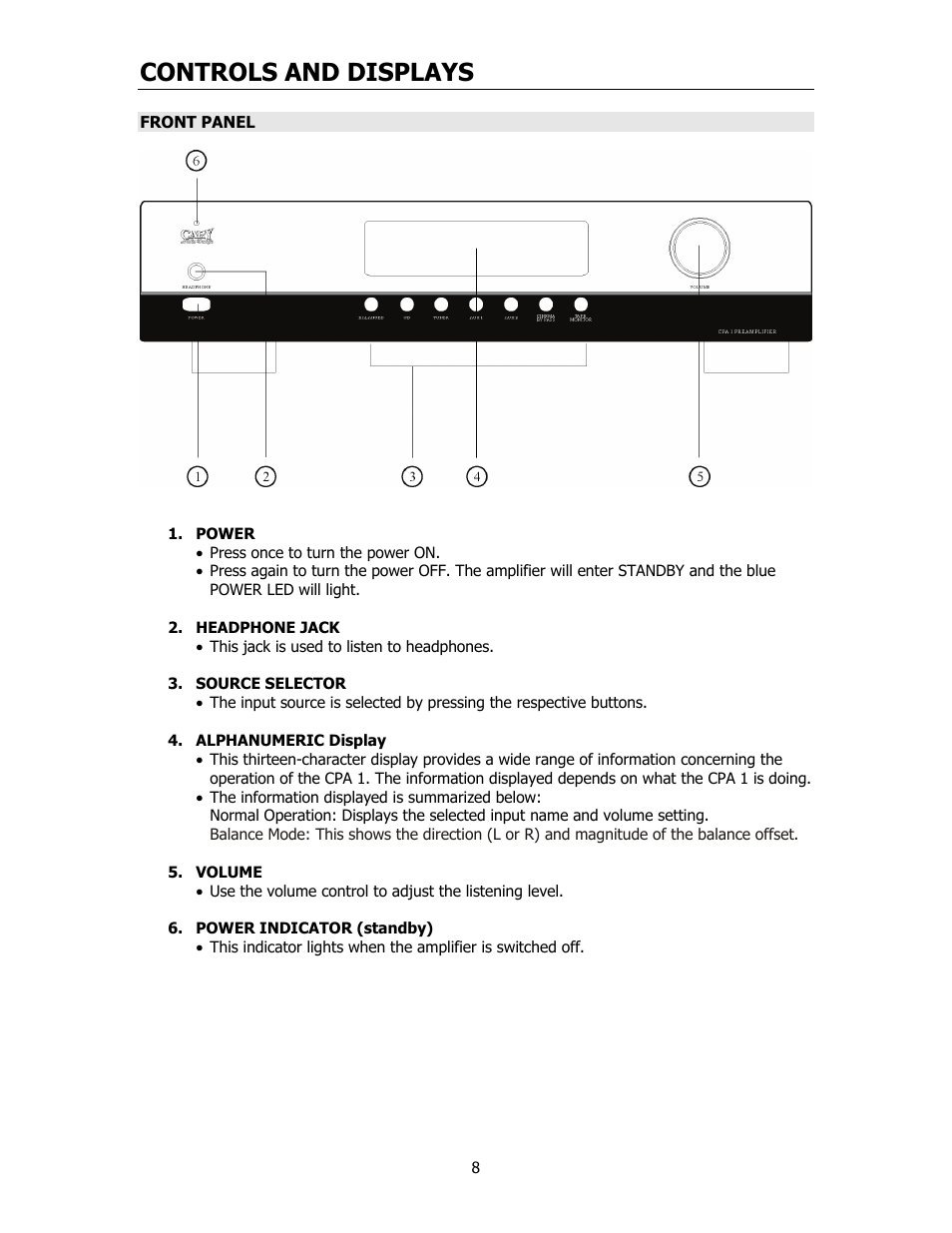 Controls and displays | Cary Audio Design CPA 1 User Manual | Page 9 / 15