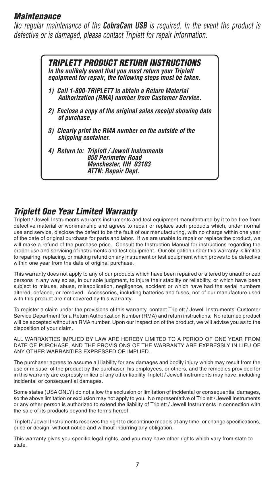 Triplett one year limited warranty | Triplett CobraCam USB – PN: 8100 User Manual | Page 7 / 8