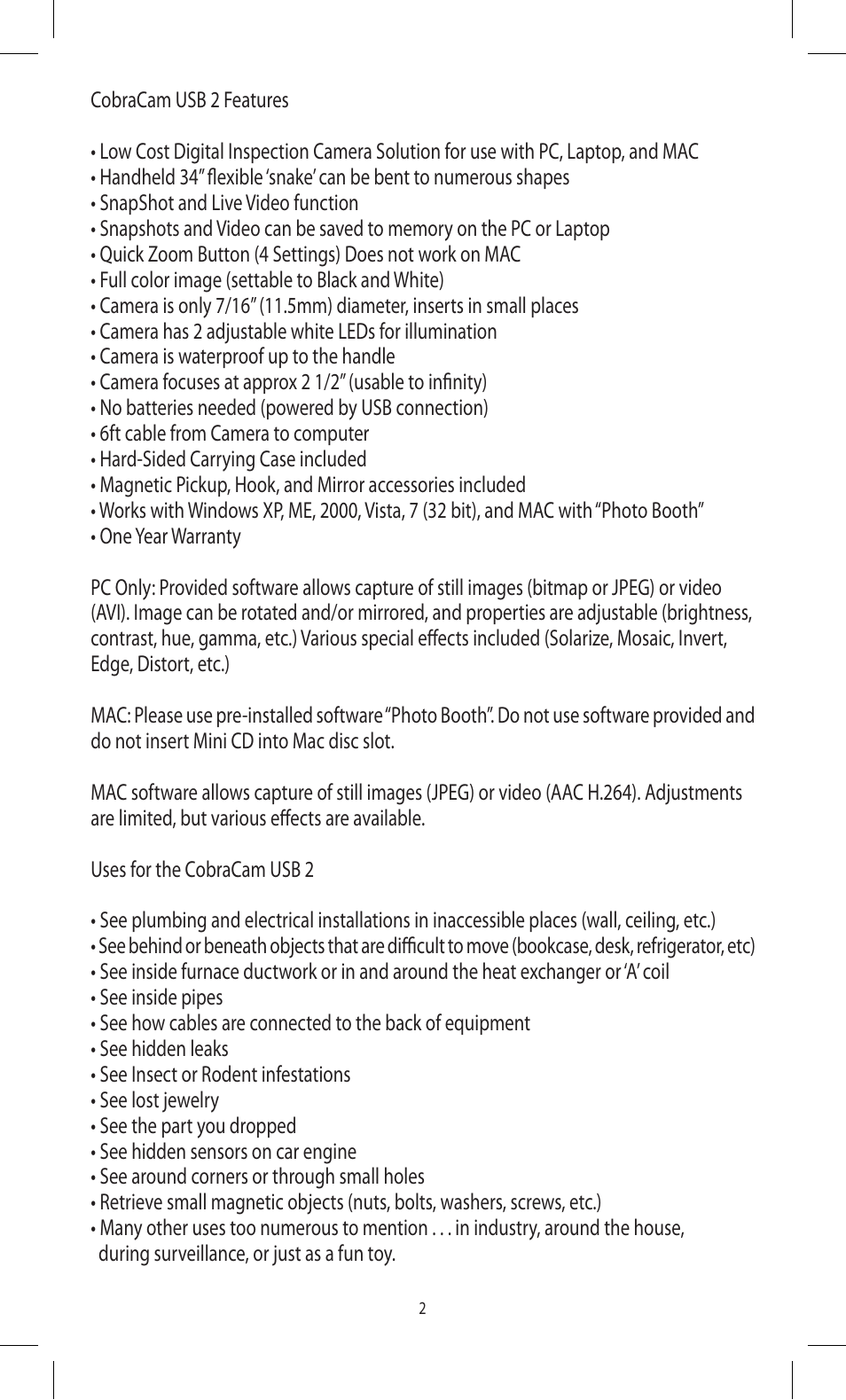 Triplett CobraCam USB 2 – PN: 8105 User Manual | Page 2 / 10