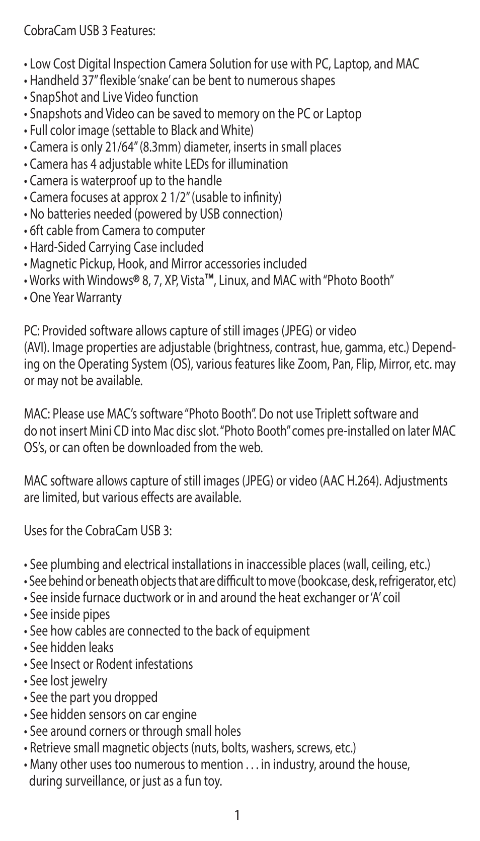 Triplett CobraCam USB III – PN: 8106 User Manual | Page 2 / 10