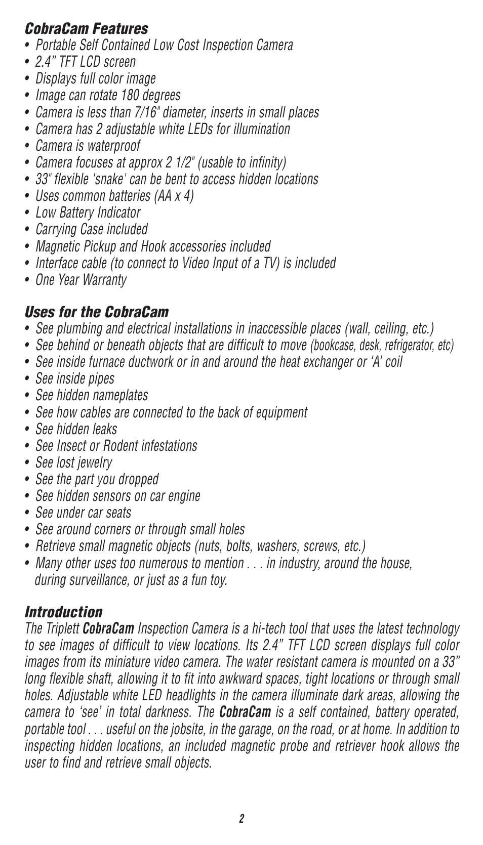 Triplett CobraCam – PN: 8110 User Manual | Page 2 / 8