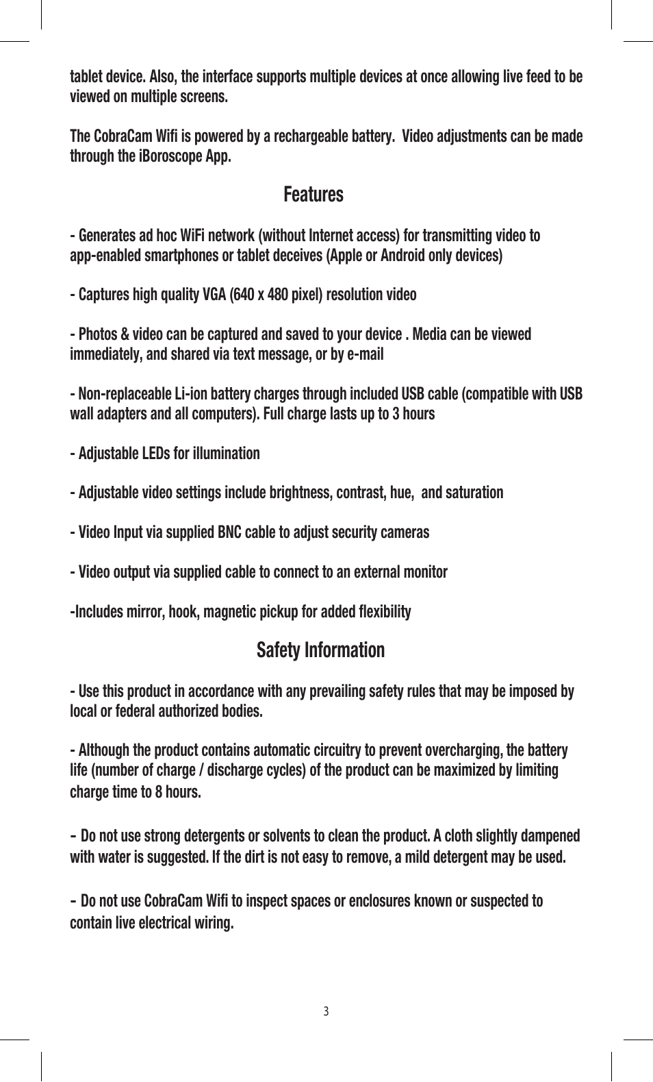 Features, Safety information | Triplett CobraCam Wifi – PN: 8120 User Manual | Page 3 / 12