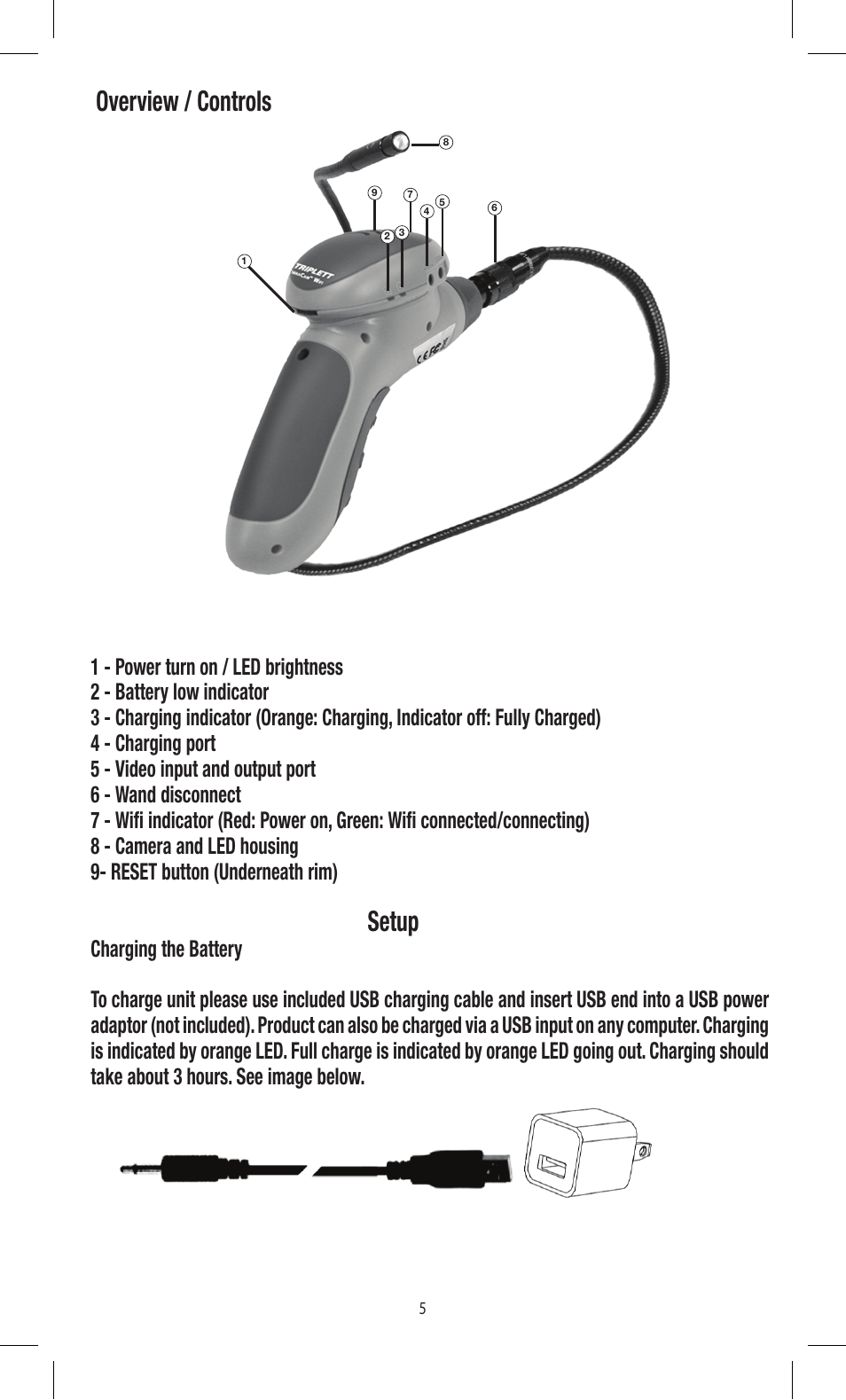 Overview / controls, Setup | Triplett CobraCam Wifi – PN: 8120 User Manual | Page 5 / 12