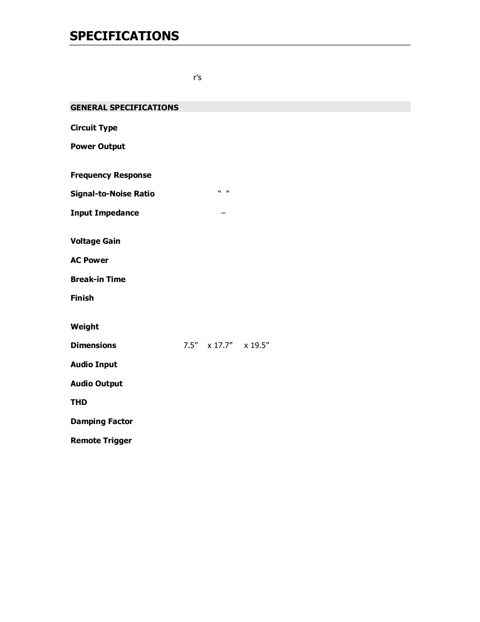 Specifications | Cary Audio Design SA-500.1 User Manual | Page 8 / 16