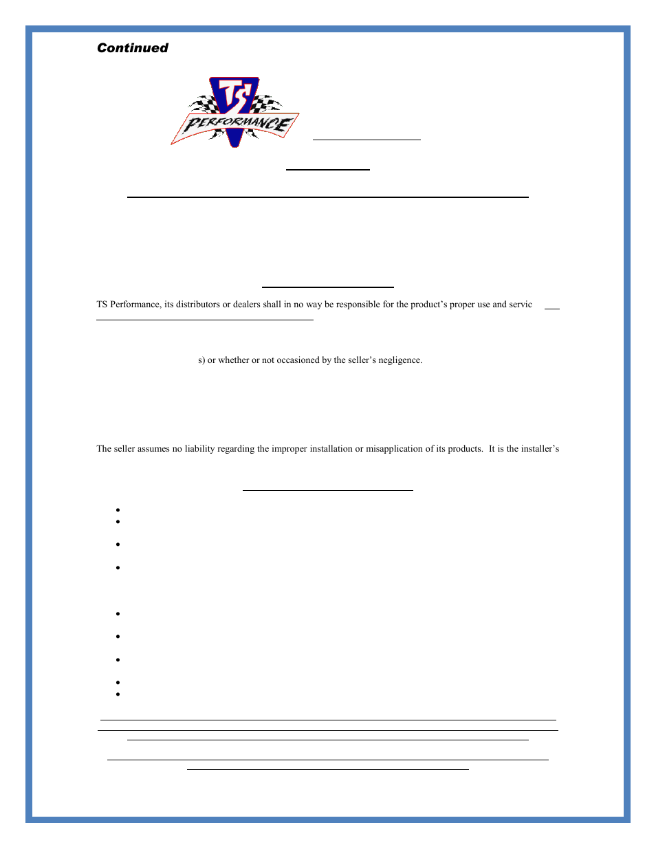 Continued, Disclaimer | TS Performance 4110101 User Manual | Page 3 / 4
