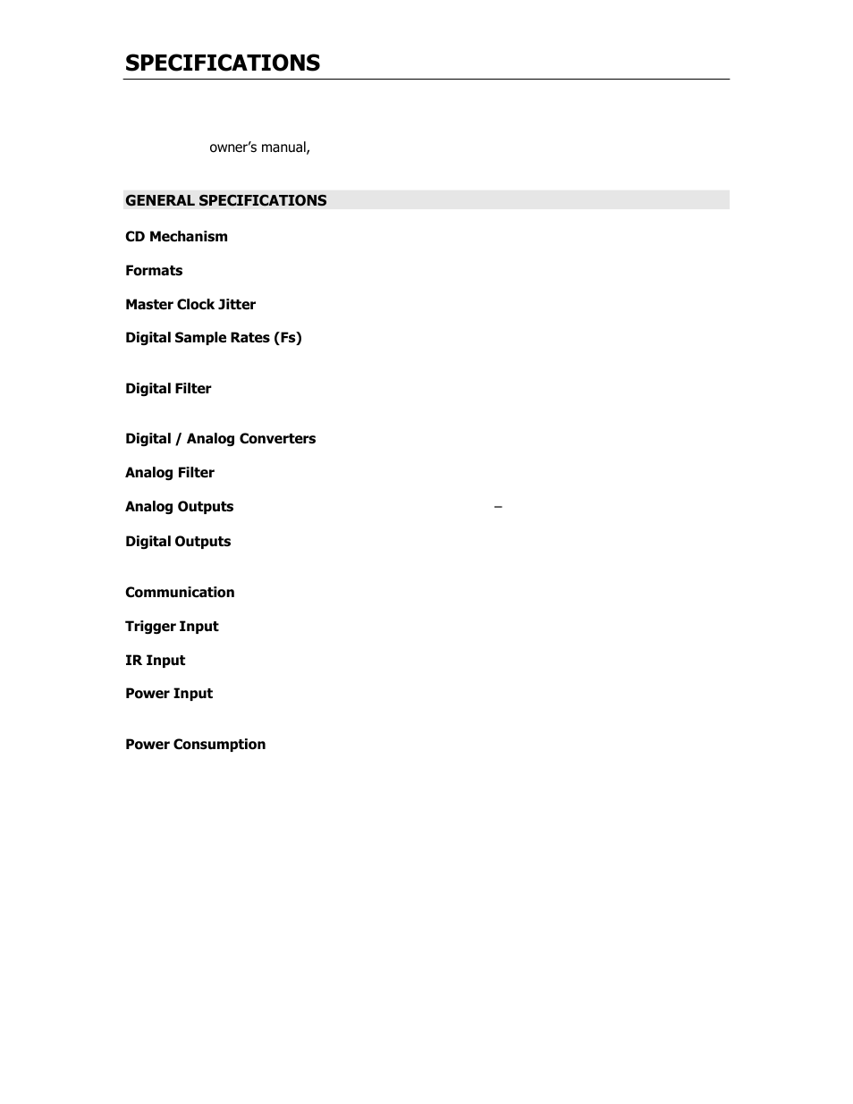 Specifications | Cary Audio Design CD-500 User Manual | Page 7 / 23