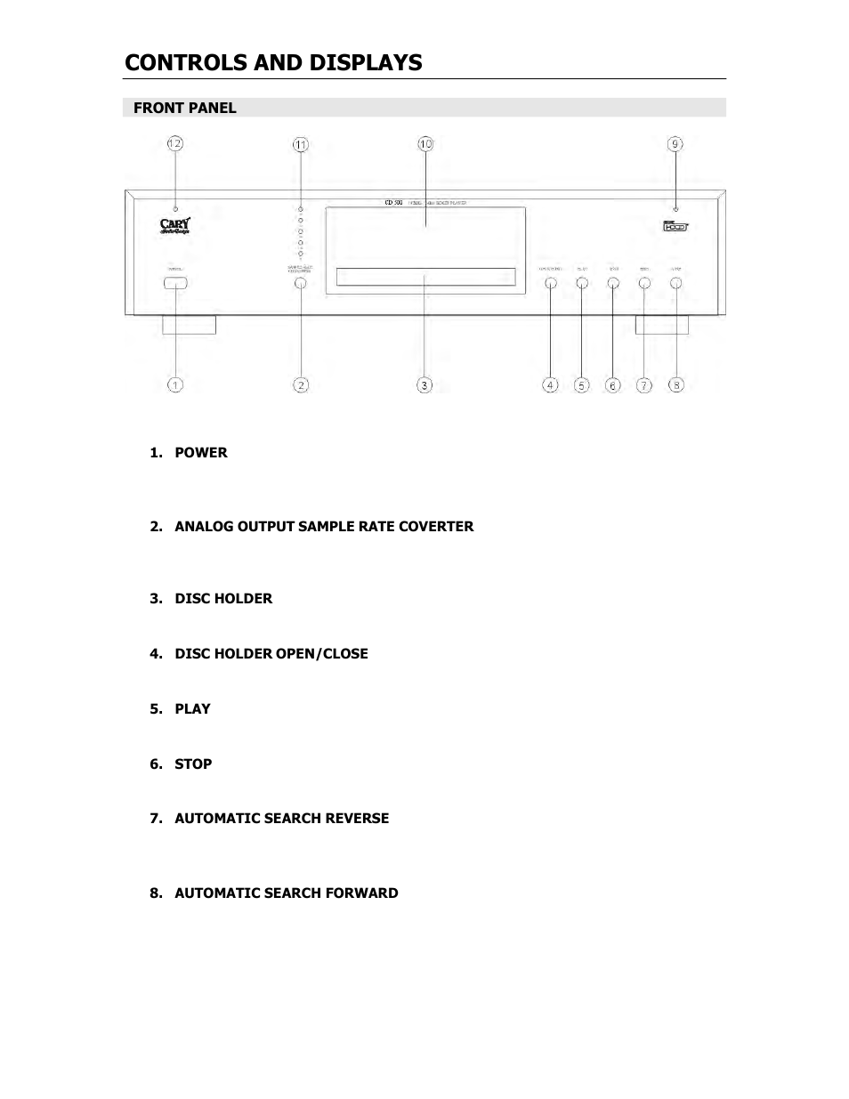 Controls and displays | Cary Audio Design CD-500 User Manual | Page 9 / 23