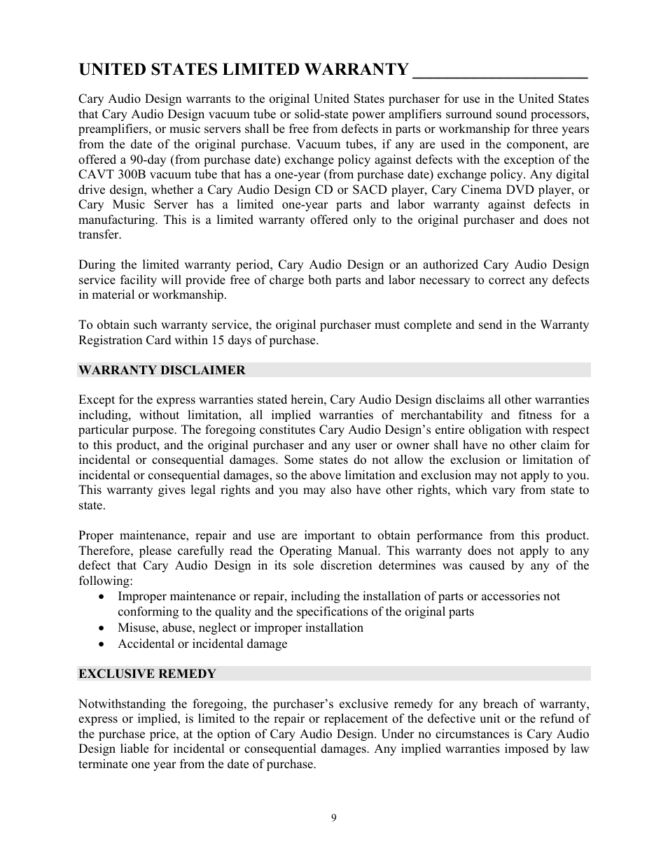 United states limited warranty | Cary Audio Design PH 302 MKII User Manual | Page 10 / 11