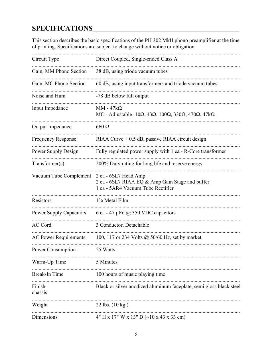 Specifications | Cary Audio Design PH 302 MKII User Manual | Page 6 / 11