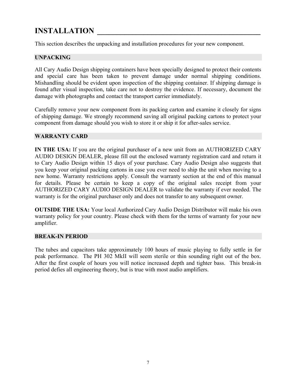 Installation | Cary Audio Design PH 302 MKII User Manual | Page 8 / 11