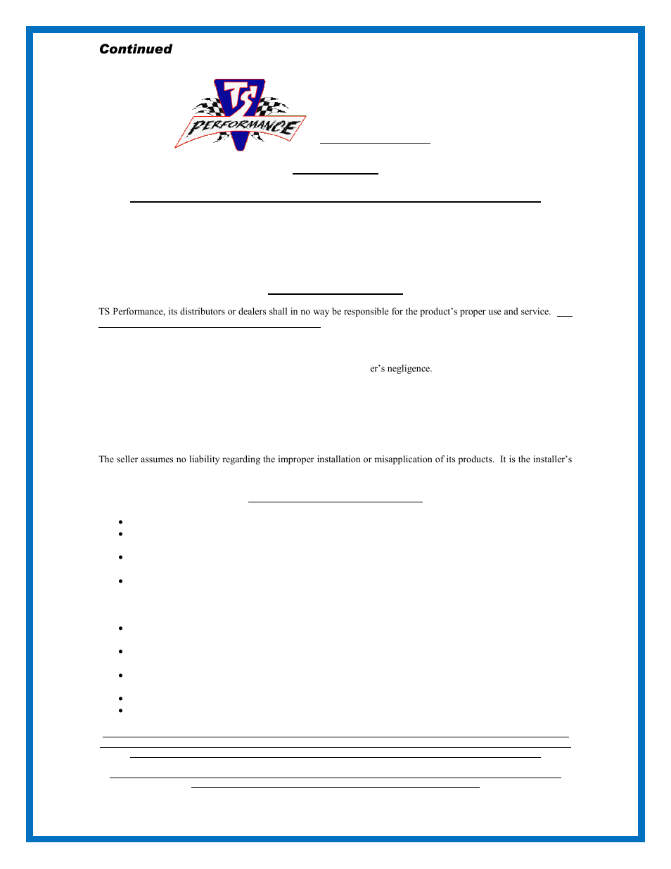 Continued, Disclaimer | TS Performance 1110402 User Manual | Page 3 / 4