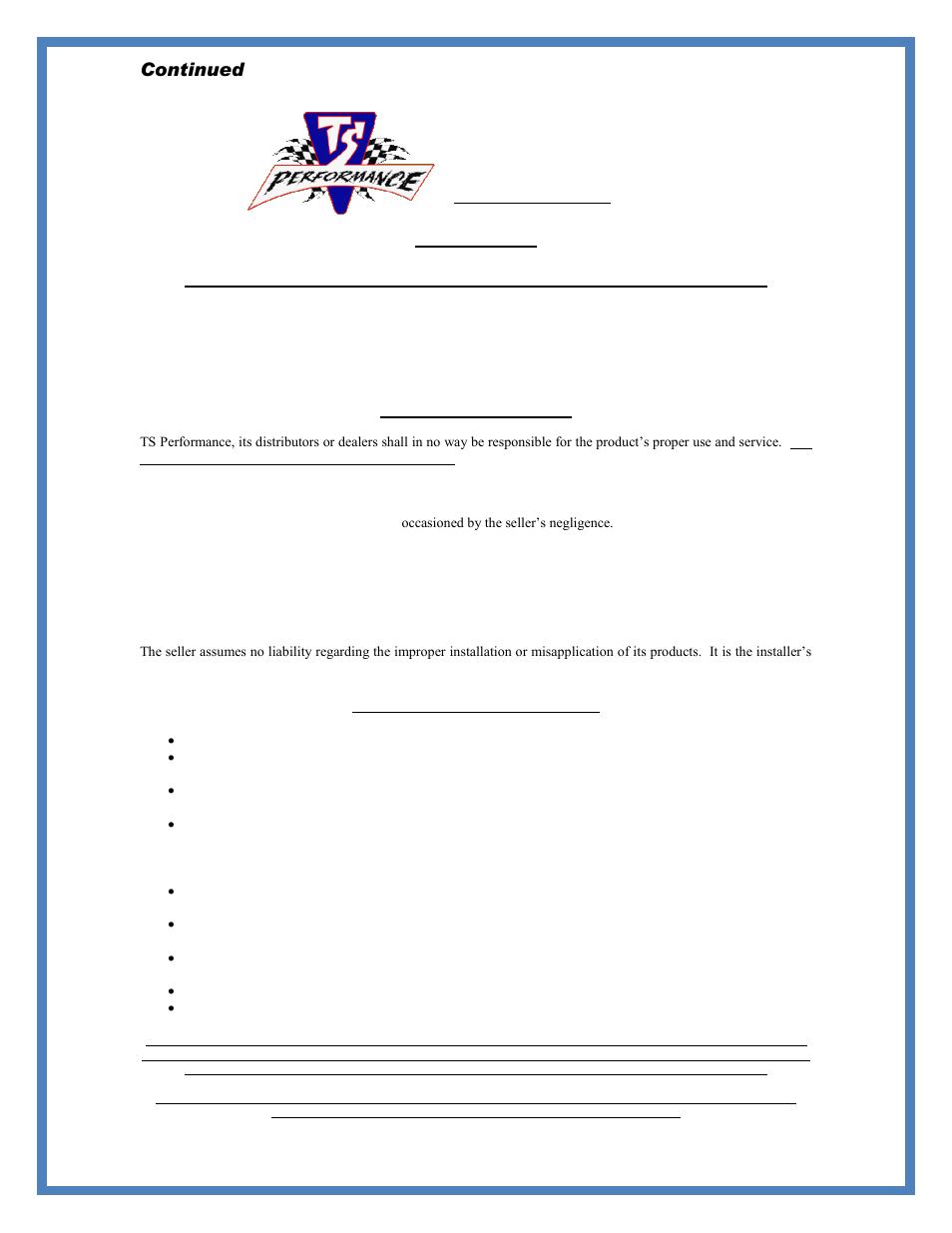 Continued, Disclaimer | TS Performance 1110501 User Manual | Page 3 / 4