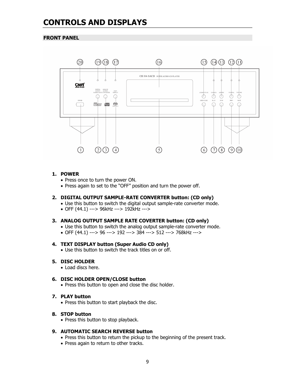 Controls and displays | Cary Audio Design CD306SACD User Manual | Page 10 / 23