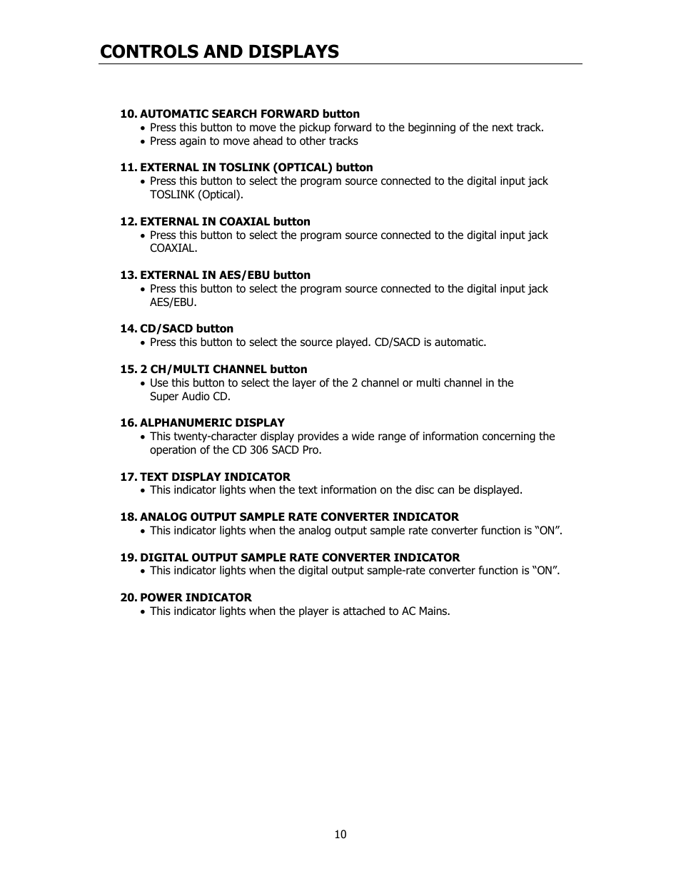 Controls and displays | Cary Audio Design CD306SACD User Manual | Page 11 / 23