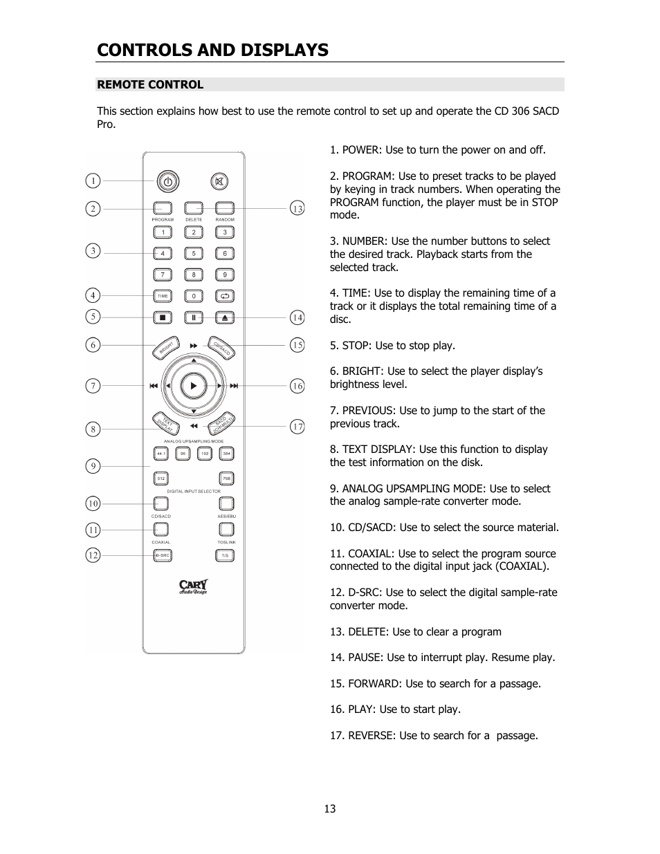 Controls and displays | Cary Audio Design CD306SACD User Manual | Page 14 / 23