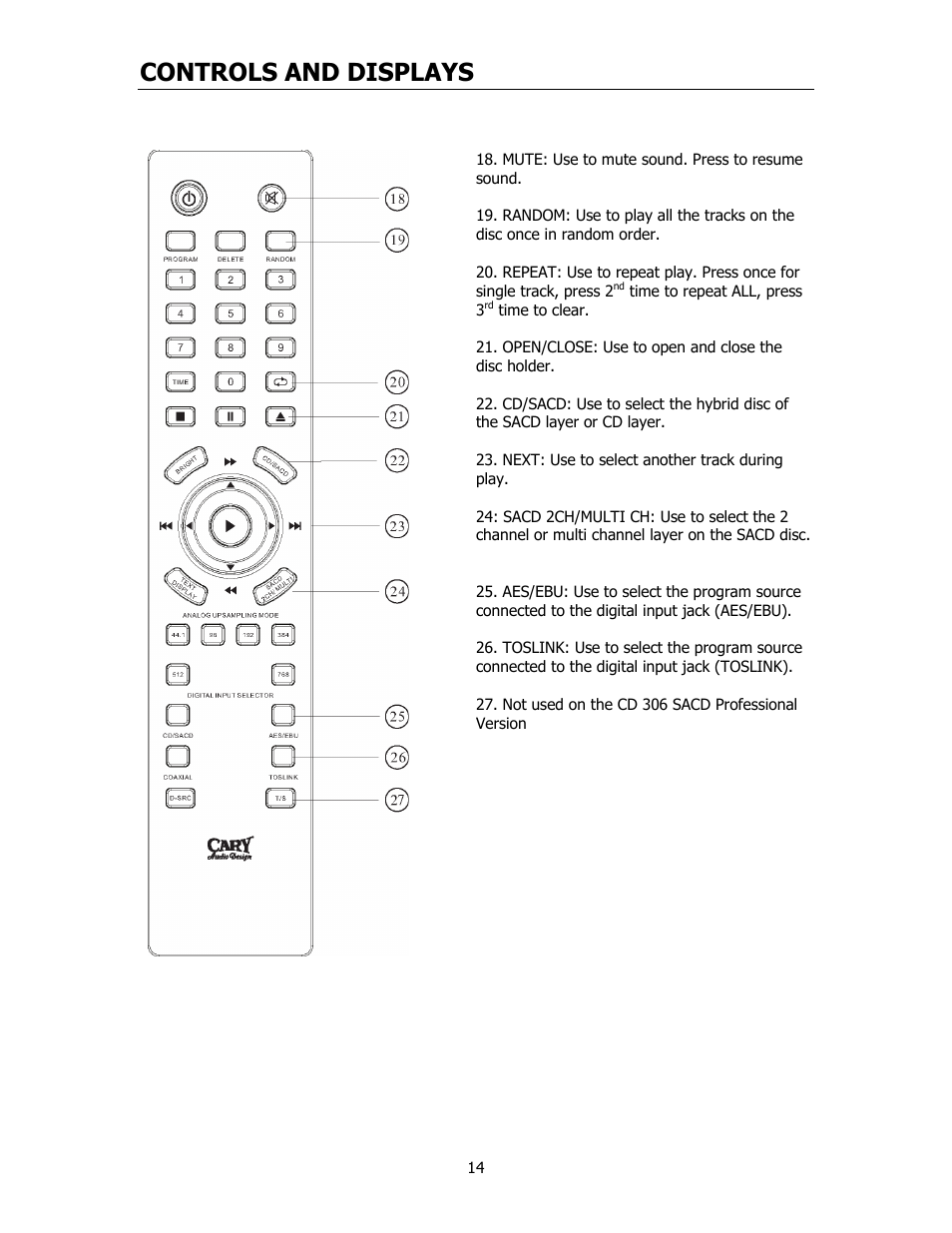 Controls and displays | Cary Audio Design CD306SACD User Manual | Page 15 / 23