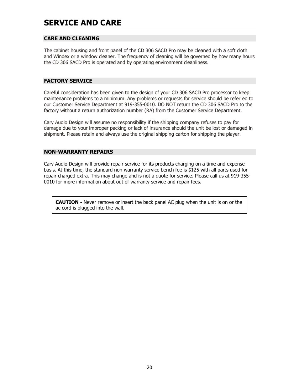 Service and care | Cary Audio Design CD306SACD User Manual | Page 21 / 23