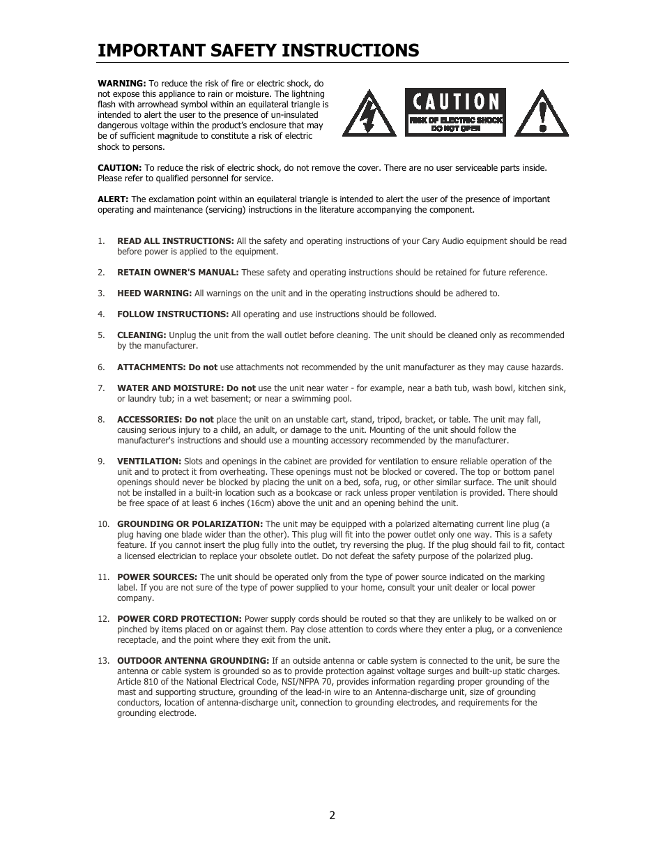 Important safety instructions | Cary Audio Design CD306SACD User Manual | Page 3 / 23