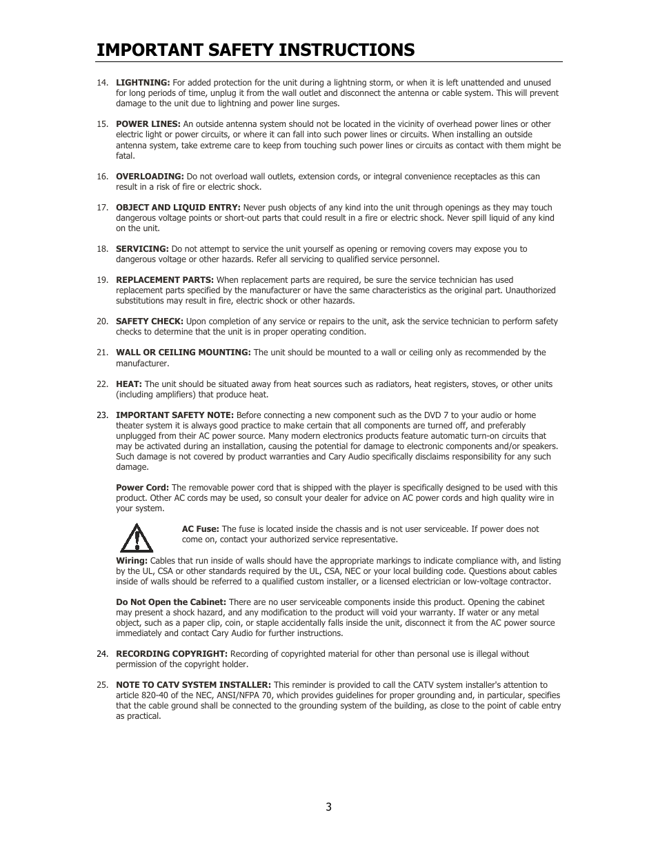 Important safety instructions | Cary Audio Design CD306SACD User Manual | Page 4 / 23