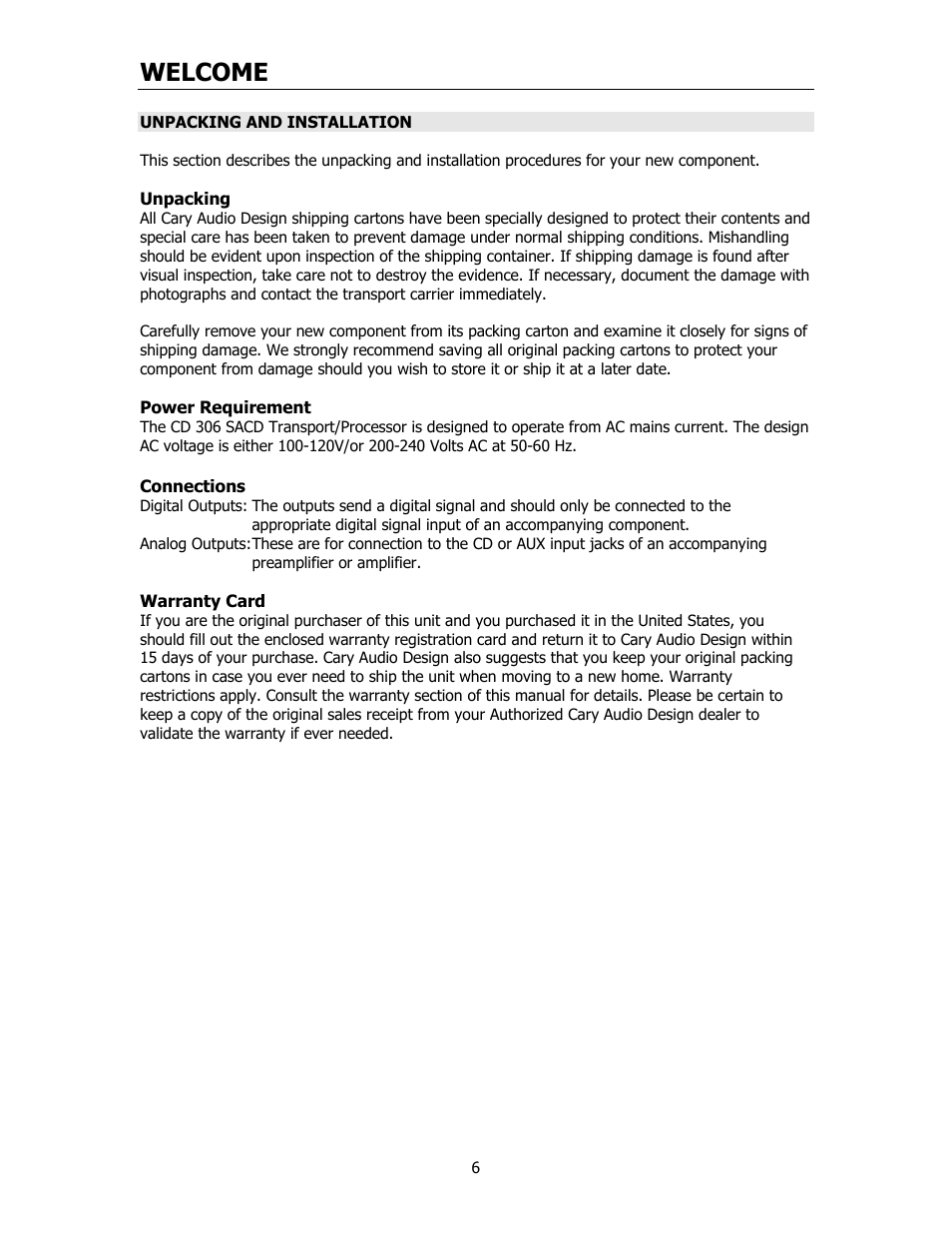 Welcome | Cary Audio Design CD306SACD User Manual | Page 7 / 23