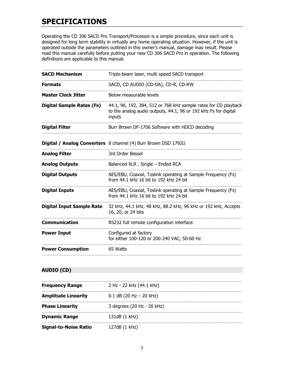 Specifications | Cary Audio Design CD306SACD User Manual | Page 8 / 23