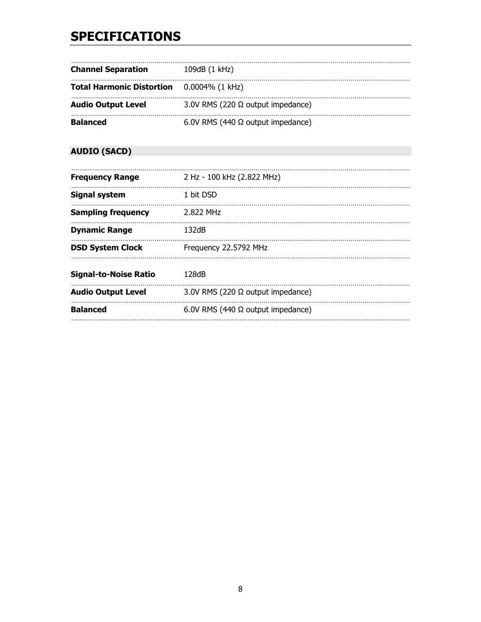 Specifications | Cary Audio Design CD306SACD User Manual | Page 9 / 23