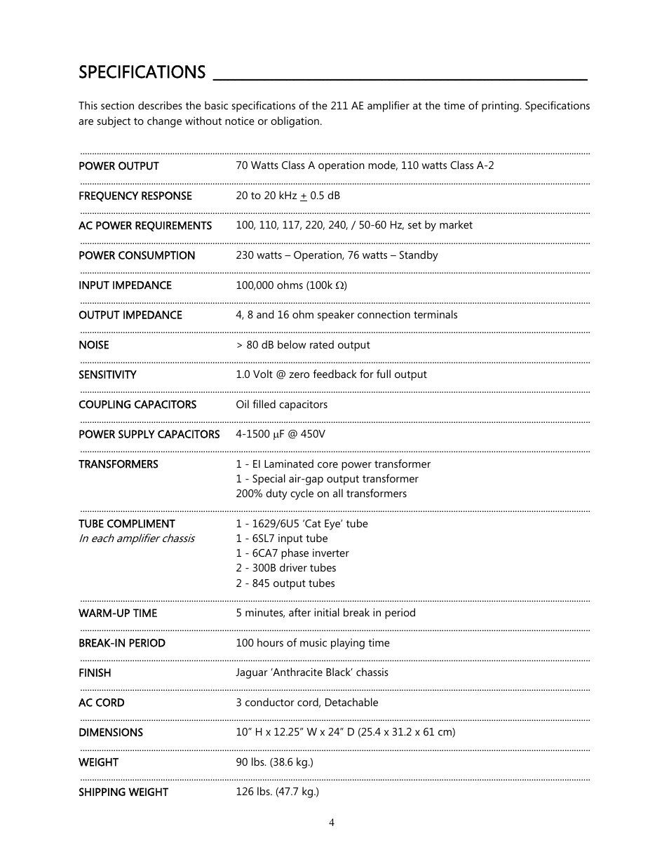 Specifications | Cary Audio Design CAD 211 AE User Manual | Page 5 / 15