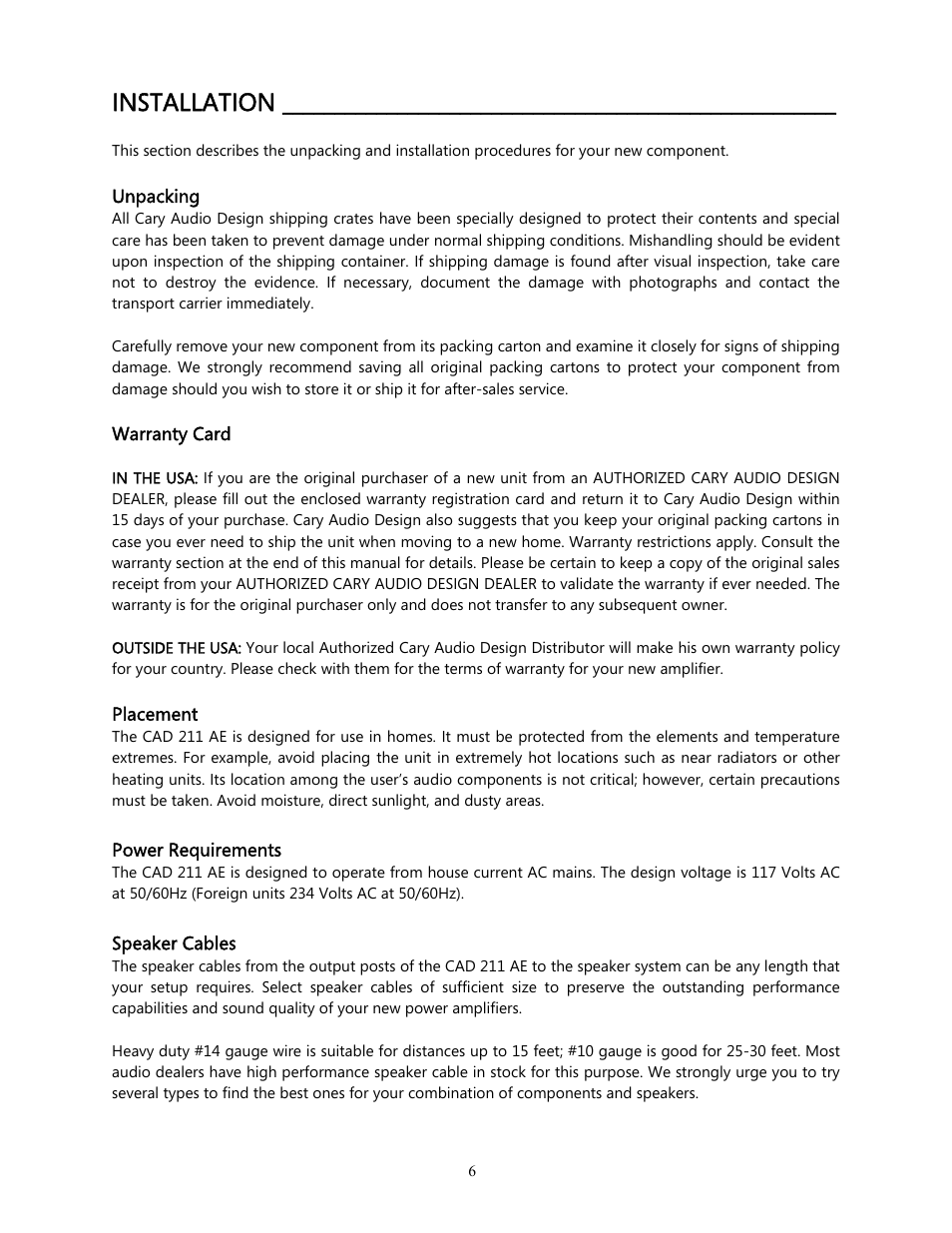 Installation | Cary Audio Design CAD 211 AE User Manual | Page 7 / 15