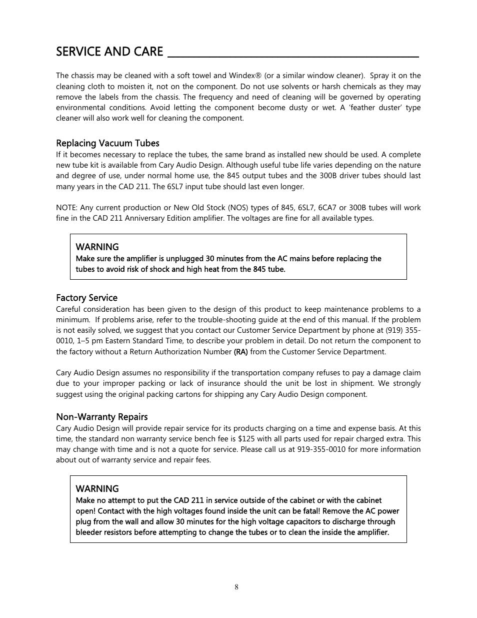 Service and care | Cary Audio Design CAD 211 AE User Manual | Page 9 / 15