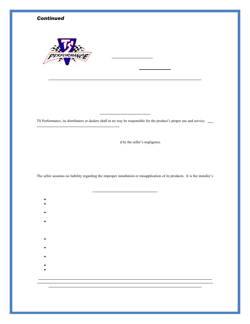 Continued, Disclaimer | TS Performance Duramax Shim Kit User Manual | Page 5 / 6