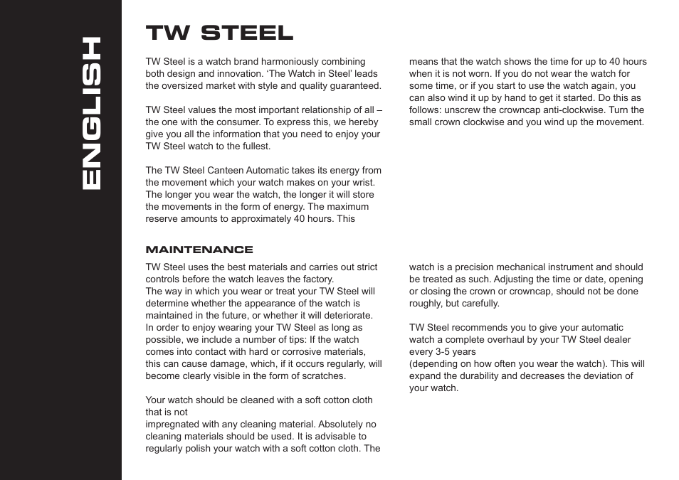 English, Tw steel | TW Steel Canteen Automatic User Manual | Page 2 / 17